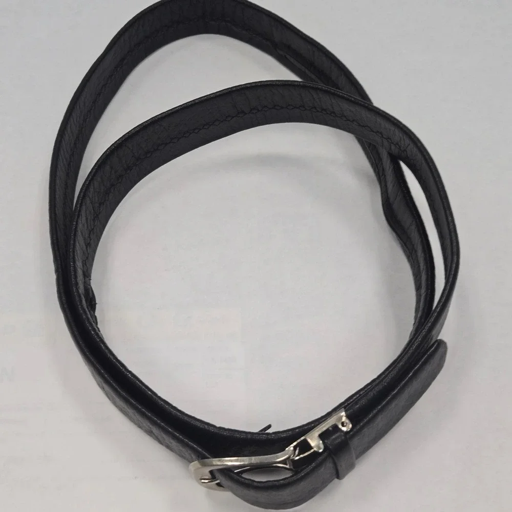 Vintage‎ Bonjour Mens Black Leather Money Belt Hidden Zipper Pocket SZ 44 Silver